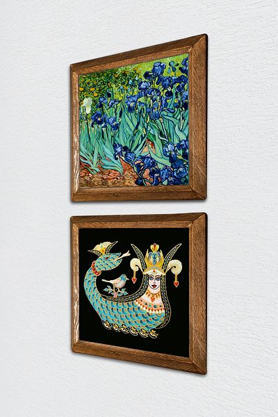 Pinecone Van Gogh Irisuri, Pictură pe perete din piatră Shahmeran Decor de perete cu rame din lemn Set de 2 picturi -W2-237-