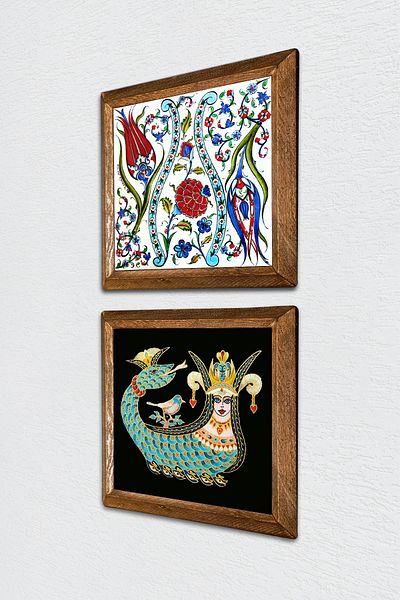 Pinecone Tulip, Shahmeran Stone Wall Painting with Wooden Frame Wall Decor 2 Piece Painting Set Wall Art -W2-257-