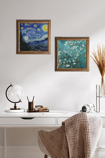 Pinecone Van Gogh Starry Night, Almond Tree Stone Wall Painting Wall Decor with Wooden Frame -W2-370-