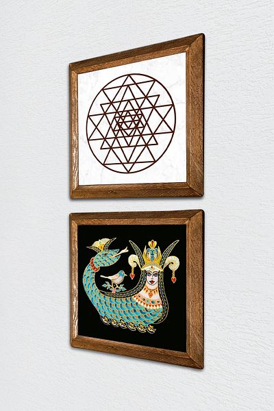 Pinecone Sri Yantra, pictură pe perete din piatră Shahmeran, decor de perete cu rame din lemn, set de pictură din 2 piese -W2-252-