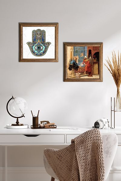 Pinecone Chess Game, Fatma Ana Eli (Hamsa) Stone Wall Painting Wooden Framed Wall Decor -W2-13-