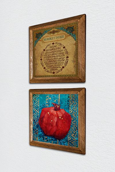 Pinecone Rugăciunea de abundență, pictură pe perete cu piatră de rodie, decor de perete cu cadru din lemn, set de 2 picturi, artă de perete -W2-106-