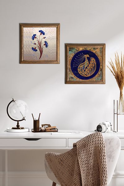 Pinecone Marbling Art, Peacock Stone Ζωγραφική Τοίχων με Ξύλινο Πλαίσιο Διακόσμηση Τοίχου 2 τεμαχίων Σετ ζωγραφικής -W2-531-