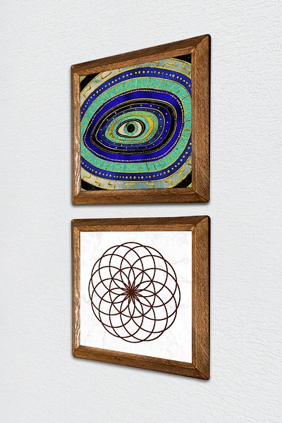 Pinecone Evil Eye, Flower of Life Stone Wall Painting Wooden Framed Wall Decor Set of 2 Painting Wall Art -W2-491-