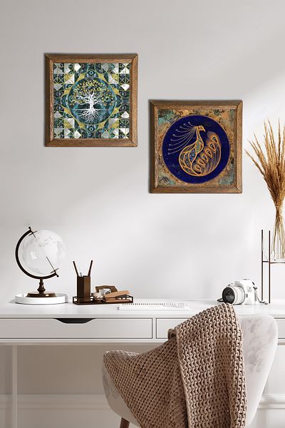 Pinecone Tree of Life, Peacock Stone Wall Painting Wood Framed Wall Decor 2 Piece Painting Set -W2-530-