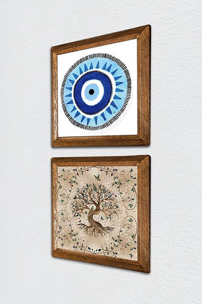 Pinecone Evil Eye, Arborele Vieții Pictură pe perete din piatră Decor de perete cu rame din lemn Set de 2 picturi Artă de perete -W2-225-