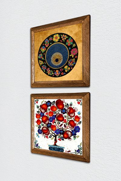 Pinecone Evil Eye, Pictură pe perete din piatră de pom de rodie Decor de perete cu rame din lemn Set de pictură din 2 piese Artă de perete -W2-153-