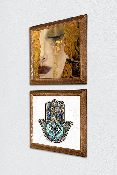 Pinecone Gustav Klimt Golden Tears, Fatma Mother Hand Stone Wall Painting with Wooden Frame Wall Decor -W2-17-