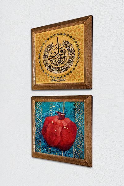 Pinecone Felak Suresi, pictură pe perete cu piatră de rodie, decor de perete cu rame din lemn, set de 2 picturi, artă de perete -W2-139-