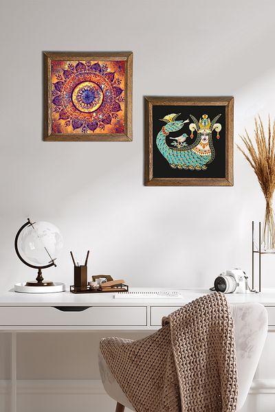 Pinecone Mandala, Shahmeran Stone Wall Painting Wooden Framed Wall Decor Set of 2 Painting Wall Art -W2-269-