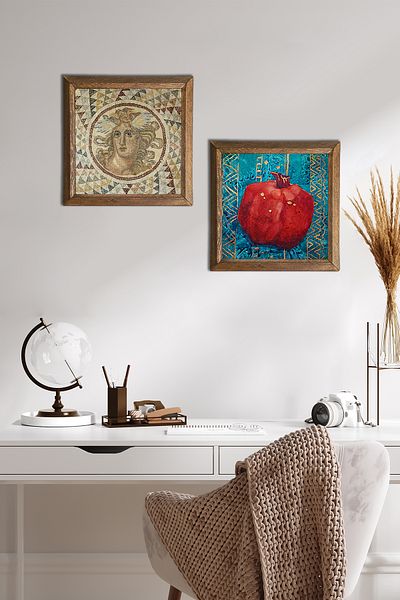 Pinecone Mosaic Series, Pomegranate Stone Wall Painting Wooden Framed Wall Decor Set of 2 Painting Wall Art -W2-102-