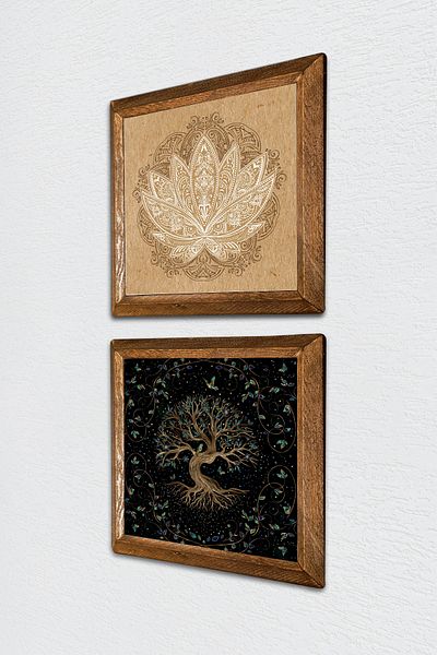 Pinecone Lotus Flower, Tree of Life Stone Wall Painting with Wooden Frame Wall Decor 2 Piece Painting Set -W2-432-