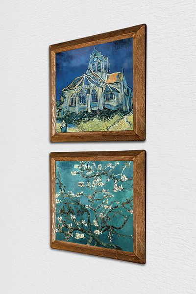 Pinecone Van Gogh Church at Auvers, Almond Tree Stone Wall Painting Wood Framed Wall Decor -W2-376-