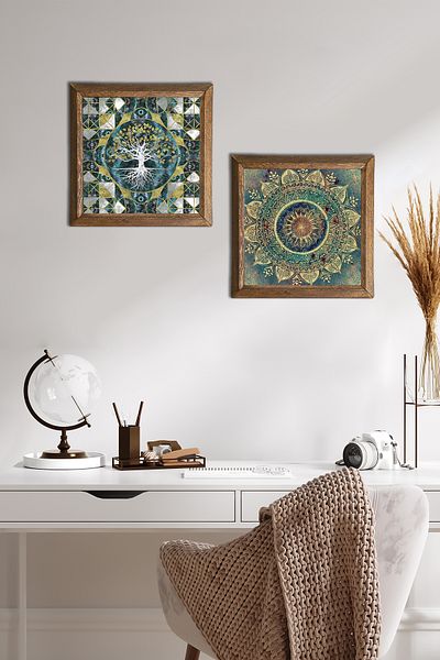 Pinecone Arborele vieții, pictură pe perete cu piatră mandala, decor de perete cu rame din lemn, set de pictură din 2 piese -W2-586-