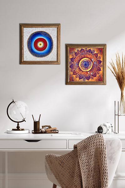 Pinecone Evil Eye, Mandala Stone Pictură de perete cu cadru din lemn Decor de perete Set de pictură din 2 piese Wall Art -W2-584-