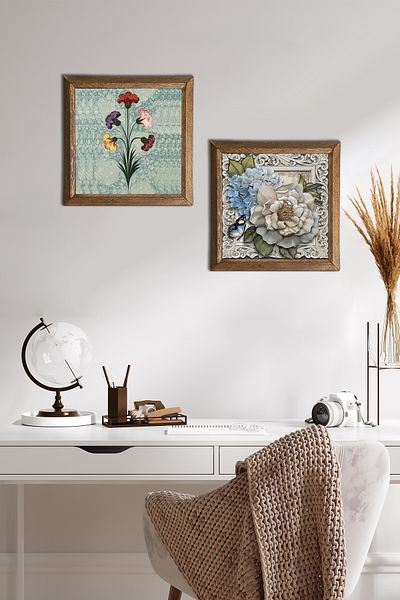 Pinecone Marbling Art, Butterfly Flower Stone Ζωγραφική Τοίχου Ξύλινο Πλαίσιο Διακόσμηση Τοίχου Σετ ζωγραφικής 2 τεμαχίων -W2-305-