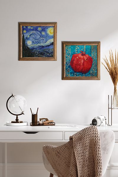 Pinecone Noaptea înstelată Van Gogh, pictură murală cu piatră de rodie, decor de perete cu rame din lemn, set de 2 picturi -W2-99-