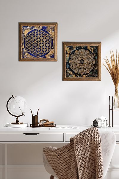 Pinecone Sri Yantra, Floarea Vieții Pictură pe perete din piatră Decor de perete cu rame din lemn Set de pictură 2 piese -W2-454-