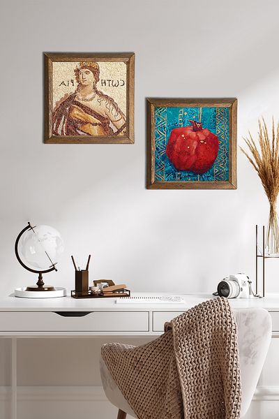 Pinecone Mosaic of Soteria, Pomegranate Stone Wall Painting with Wooden Frame Wall Decor 2 Piece Painting Set -W2-103-