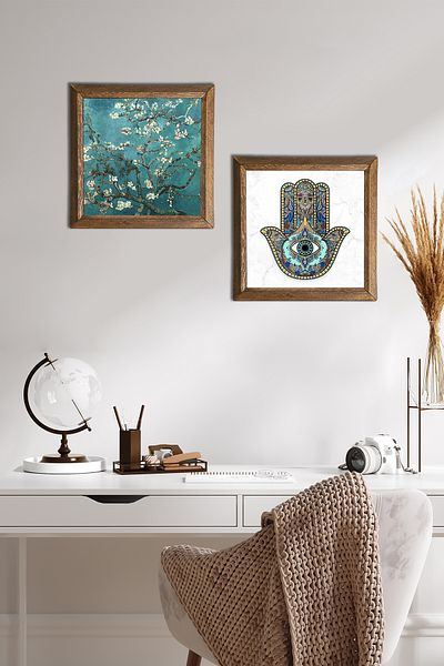 Pinecone Van Gogh Arborele de migdale, Mâna Domnă Fatma (Hamsa) Pictură pe perete din piatră Decor de perete cu rame din lemn -W2-19-
