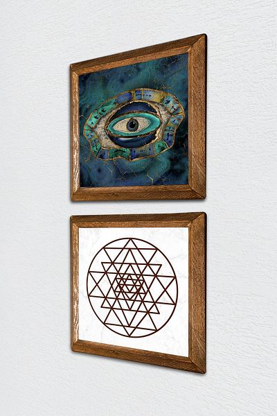 Pinecone Evil Eye, Sri Yantra Stone Wall Painting Decor de perete cu rame din lemn Set de 2 picturi Wall Art -W2-471-