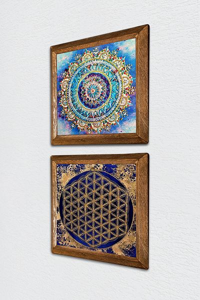 Pinecone Mandala, Flower of Life Stone Wall Painting with Wooden Frame Wall Decor 2 Piece Painting Set -W2-458-