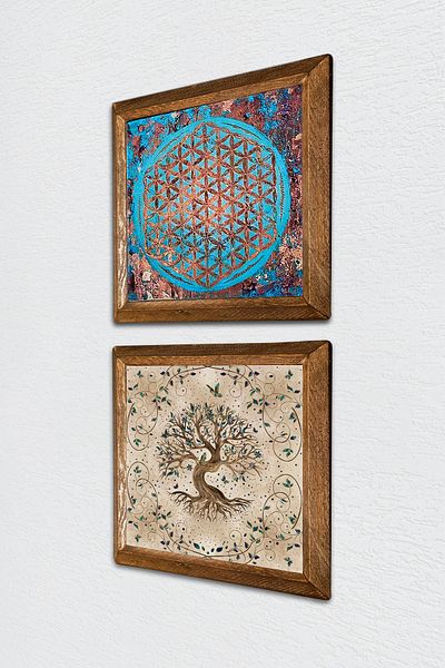 Pinecone Flower of Life, Tree of Life Stone Wall Painting Wood Framed Wall Decor 2 Piece Painting Set -W2-212-