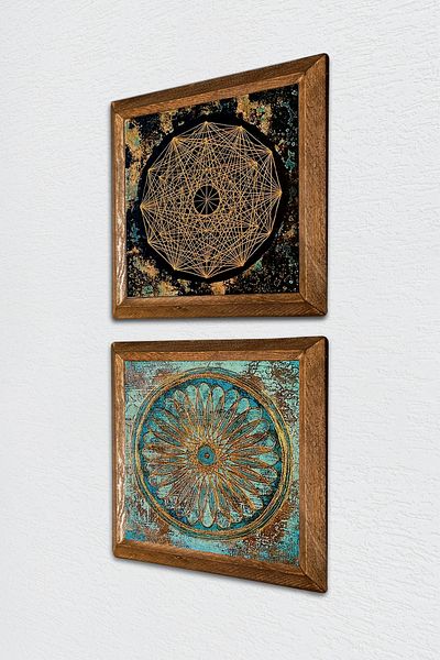 Pinecone Sri Yantra, Floarea Vieții Pictură pe perete din piatră Decor de perete cu rame din lemn Set de pictură 2 piese -W2-513-