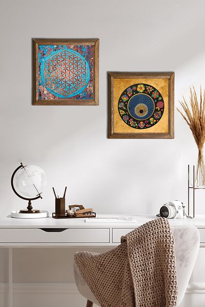 Pinecone Flower of Life, Evil Eye Stone Wall Painting Wooden Framed Wall Decor Set of 2 Painting Wall Art -W2-414-