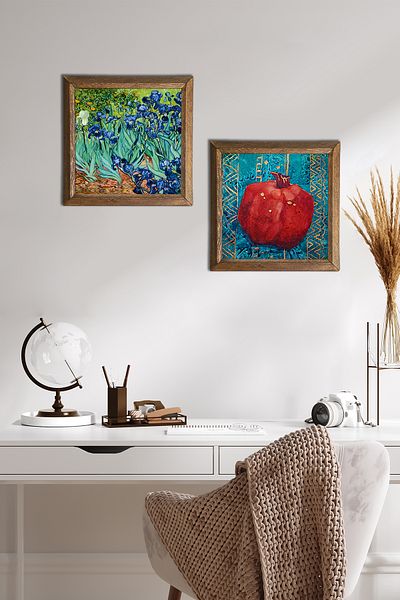 Pinecone Van Gogh Irisuri, pictură pe perete din piatră de rodie cu cadru din lemn Decor de perete Set de pictură din 2 piese -W2-100-