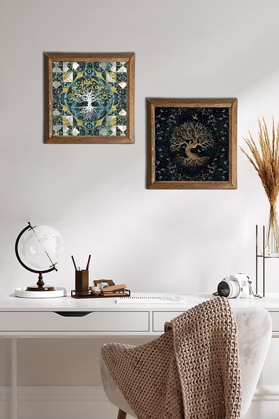 Pinecone Pictură pe perete cu piatră Arborele vieții cu cadru din lemn Decor de perete Set de pictură din 2 piese Artă de perete -W2-444-