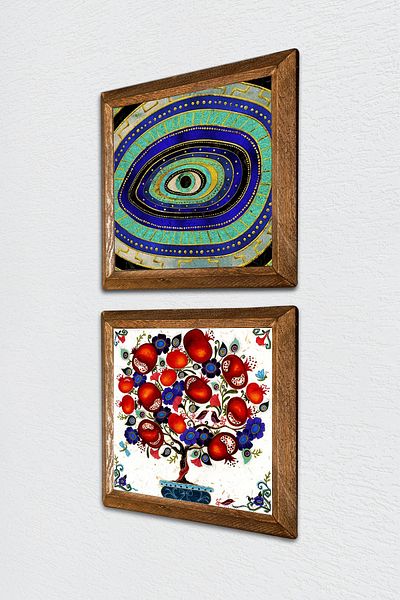 Pinecone Evil Eye, Pictură pe perete din piatră de pom de rodie Decor de perete cu rame din lemn Set de pictură din 2 piese Artă de perete -W2-176-