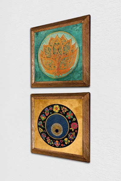 Pinecone Λουλούδι Lotus, Πίνακας τοίχου με πέτρα Evil Eye με ξύλινο πλαίσιο Διακόσμηση τοίχου 2 τεμαχίων Σετ ζωγραφικής Wall Art -W2-415-