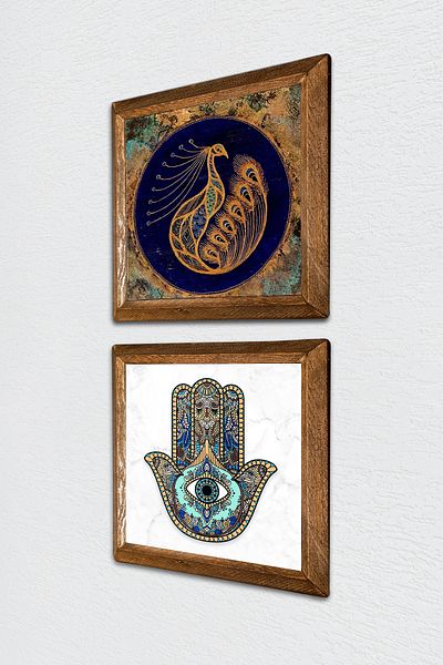 Pinecone Peacock, Fatma Ana Hand (Hamsa) Πέτρινη Ζωγραφική Τοίχου με Ξύλινο Πλαίσιο Διακόσμηση Τοίχου 2 Ζωγραφιές -W2-47-