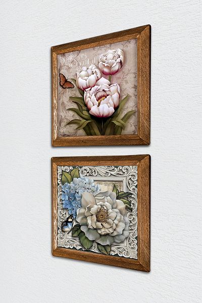 Pinecone Butterfly Flower Stone Wall Painting Wood Framed Wall Decor 2 Piece Painting Set Wall Art -W2-299-