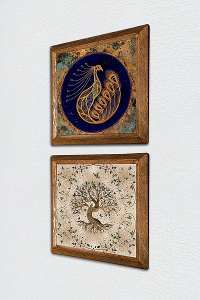 Pinecone Păun, Arborele Vieții Pictură pe perete din piatră Decor de perete cu rame din lemn Set de pictură 2 piese -W2-210-