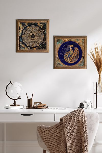 Pinecone Sri Yantra, Peacock Stone Wall Painting Ξύλινο πλαίσιο Διακόσμηση τοίχου 2 τεμαχίων Σετ ζωγραφικής -W2-525-