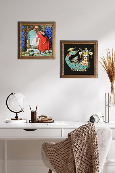 Pinecone Turtle Trainer, Shahmeran Stone Wall Painting Wooden Framed Wall Decor 2 Piece Painting -W2-228-