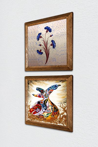 Pinecone Ebru Art, Pictură pe perete din piatră de marmură Decor de perete cu rame din lemn Set de pictură din 2 piese -W2-633-