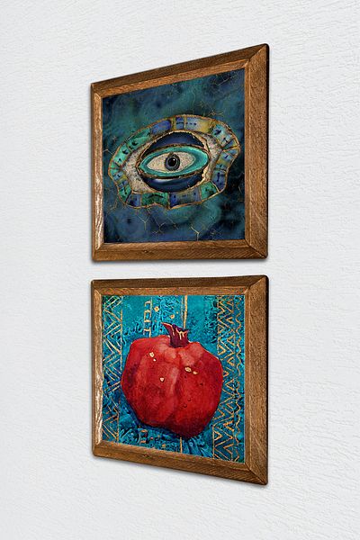 Pinecone Evil Eye, Pomegranate Stone Wall Painting with Wooden Frame Wall Decor 2 Piece Painting Set Wall Art -W2-128-