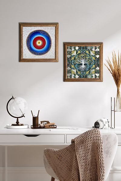 Pinecone Evil Eye, Tree of Life Stone Wall Painting Wooden Framed Wall Decor Set of 2 Painting Wall Art -W2-592-