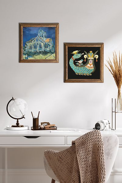Pinecone Van Gogh Church at Auvers, Shahmeran Stone Wall Painting Wood Framed Wall Decor -W2-281-