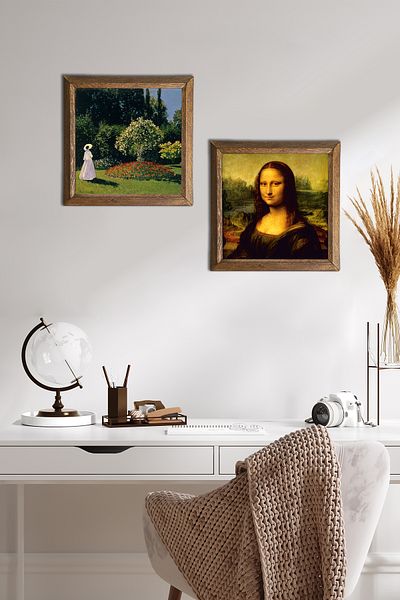 Pinecone Claude Monet Woman in the Garden, Da Vinci Mona Lisa Stone Wall Painting Framed Wall Decor -W2-328-