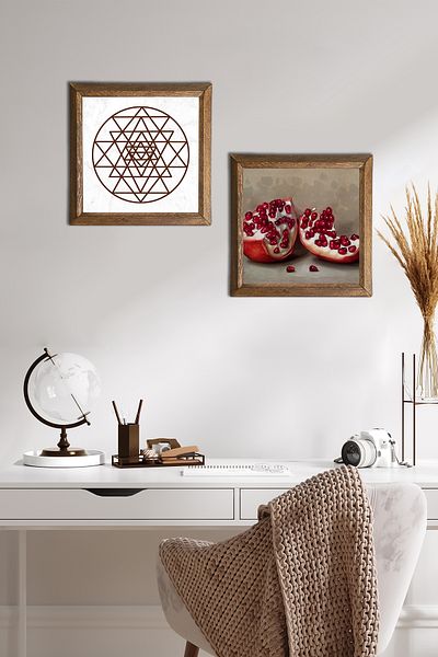Pinecone Sri Yantra, pictură pe perete cu piatră de rodie, decor de perete cu rame din lemn, set de pictură din 2 piese, artă de perete -W2-749-