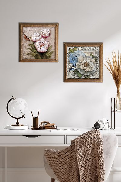 Pinecone Butterfly Flower Stone Wall Painting Wood Framed Wall Decor 2 Piece Painting Set Wall Art -W2-299-
