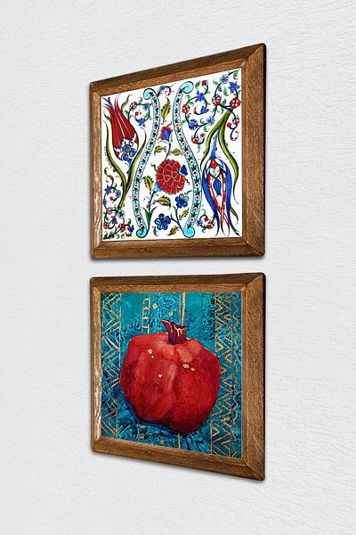 Pinecone Lalele, pictură pe perete cu piatră de rodie, decor de perete cu rame din lemn, set de pictură din 2 piese, artă de perete -W2-120-