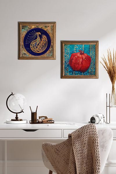 Pinecone Păun, Pictură pe perete cu piatră de rodie Decor de perete cu rame din lemn Set de pictură din 2 piese Artă de perete -W2-123-