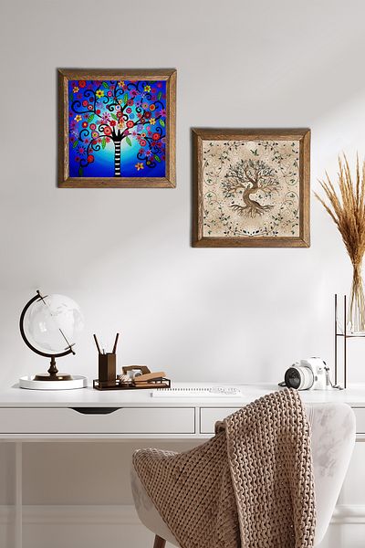Pinecone Arborele vieții Pictură pe perete din piatră Decor de perete cu rame din lemn Set de pictură din 2 piese Artă de perete -W2-639-