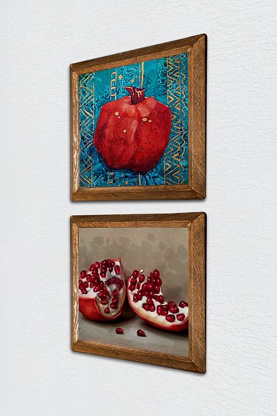 Pinecone Pictură de perete cu piatră de rodie Decor de perete cu rame din lemn Set de pictură din 2 piese Artă de perete -W2-609-