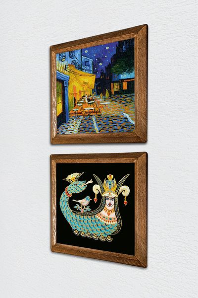 Pinecone Van Gogh Cafe Terrace at Night, Shahmeran Stone Wall Painting Wood Framed Wall Decor -W2-280-